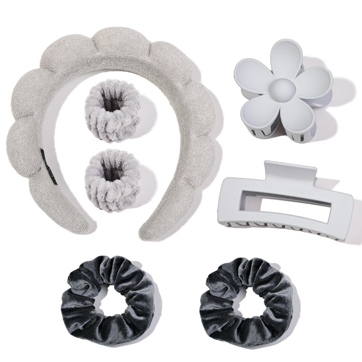 

Спа-повязка на голову и набор наручных повязок для ухода за кожей, повязка на голову для мытья лица, заколки для густых волос, милая пушистая губка, пузырьковый макияж серый