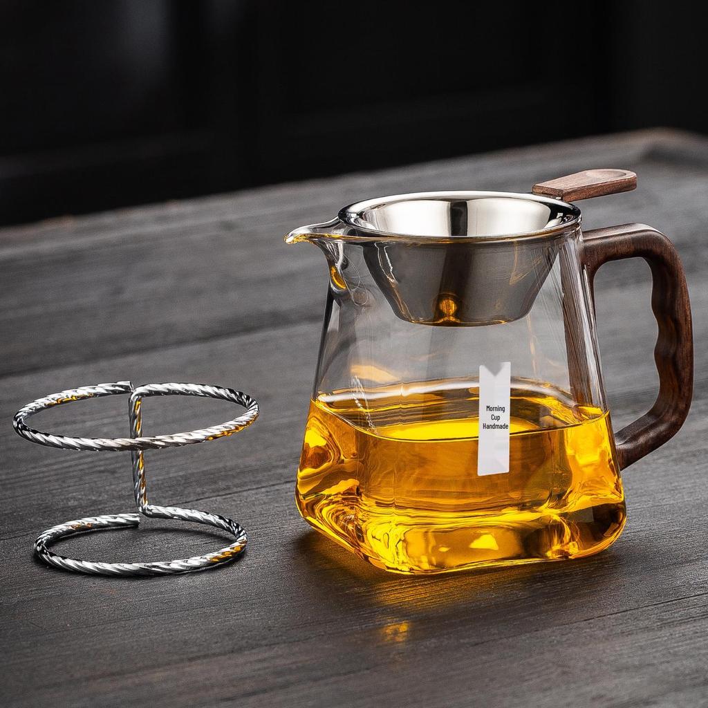 Wooden Handle Glass Gong Dao Bei: High-Temperature Resistant, Thickened Filter Tea Infuser Cup Set