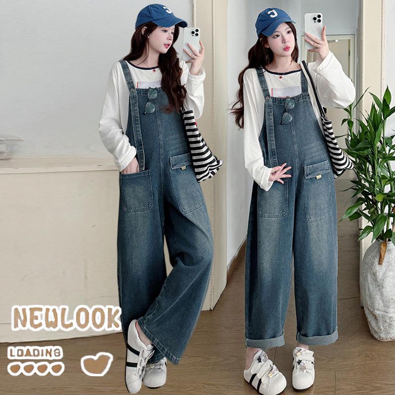 2026 Spring/Summer Maternity Denim Overalls & Loose Printed T-shirt Set - Korean Style Casual Wear XL