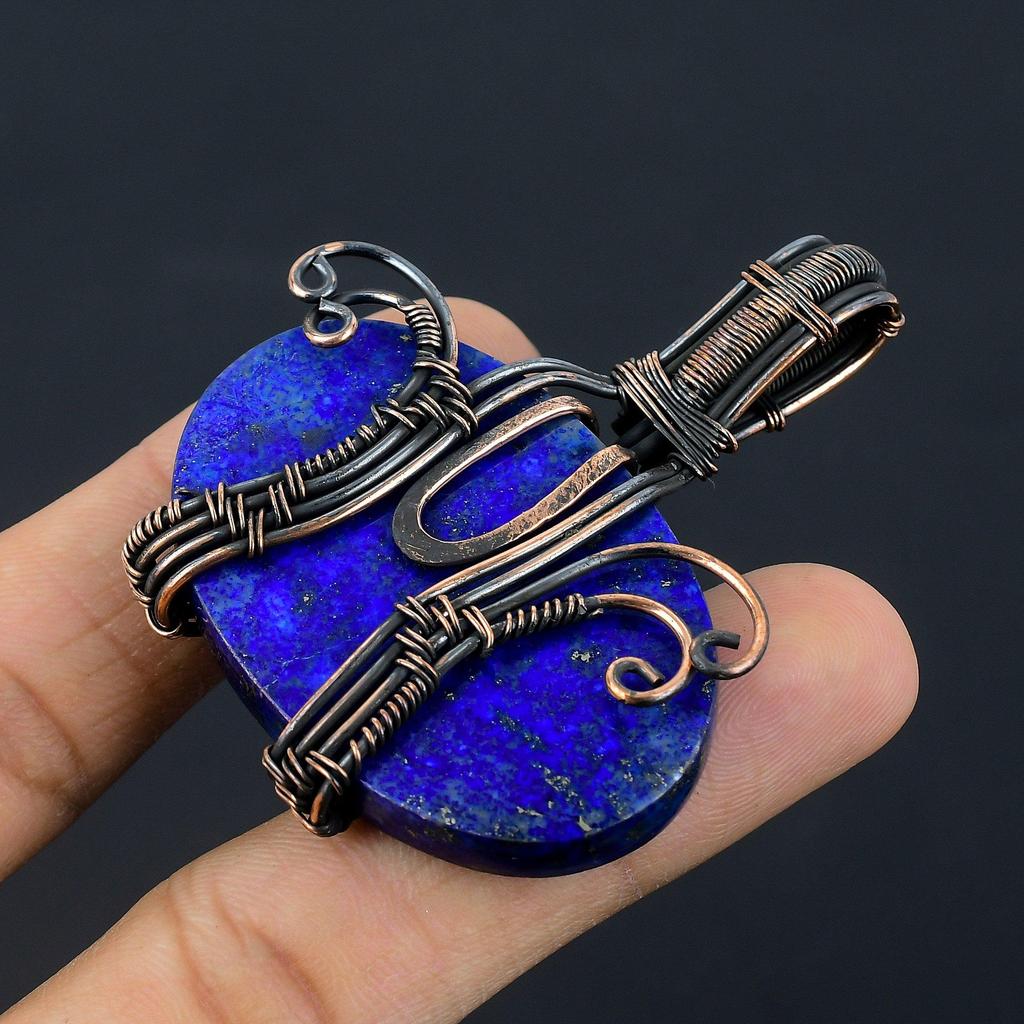 Lapislazuli Anhänger Handgefertigter Edelsteinschmuck, 999 Kupferdraht gewickelter Anhänger, Schmuckanhänger mit einzigartigem Design