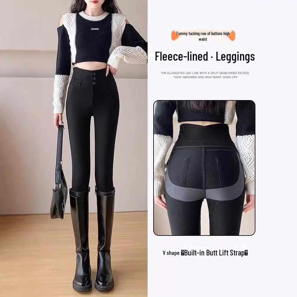 Hohe Taille Schwarze Fleece-gefütterte Koreanische Katzen-Leggings für Damen - Dehnbar, Skinny Fit Bleistifthosen