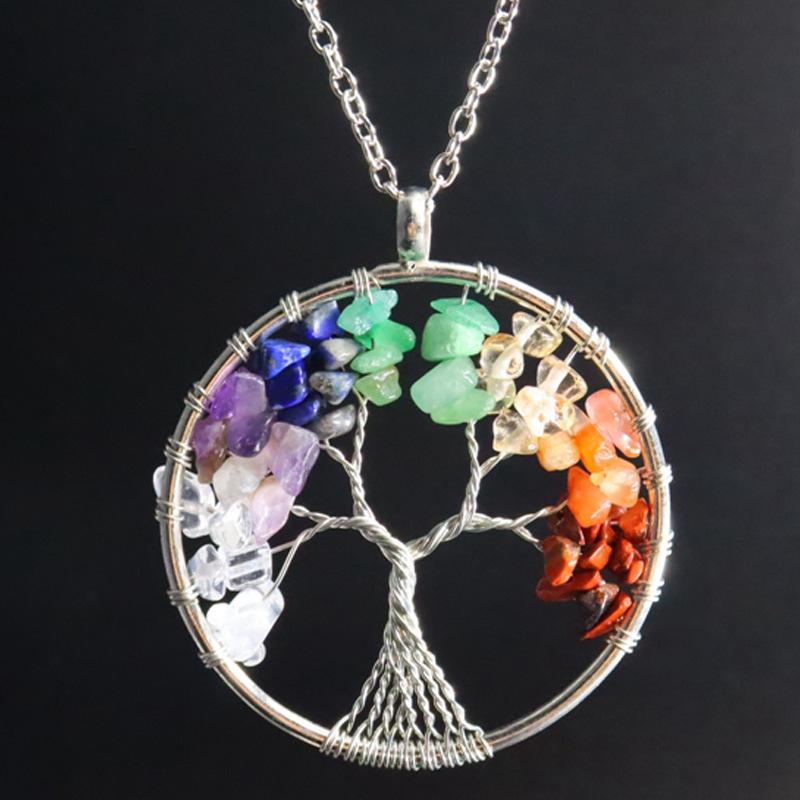 7-Color Natural Stone Crystal Tree of Life Pendant Necklace