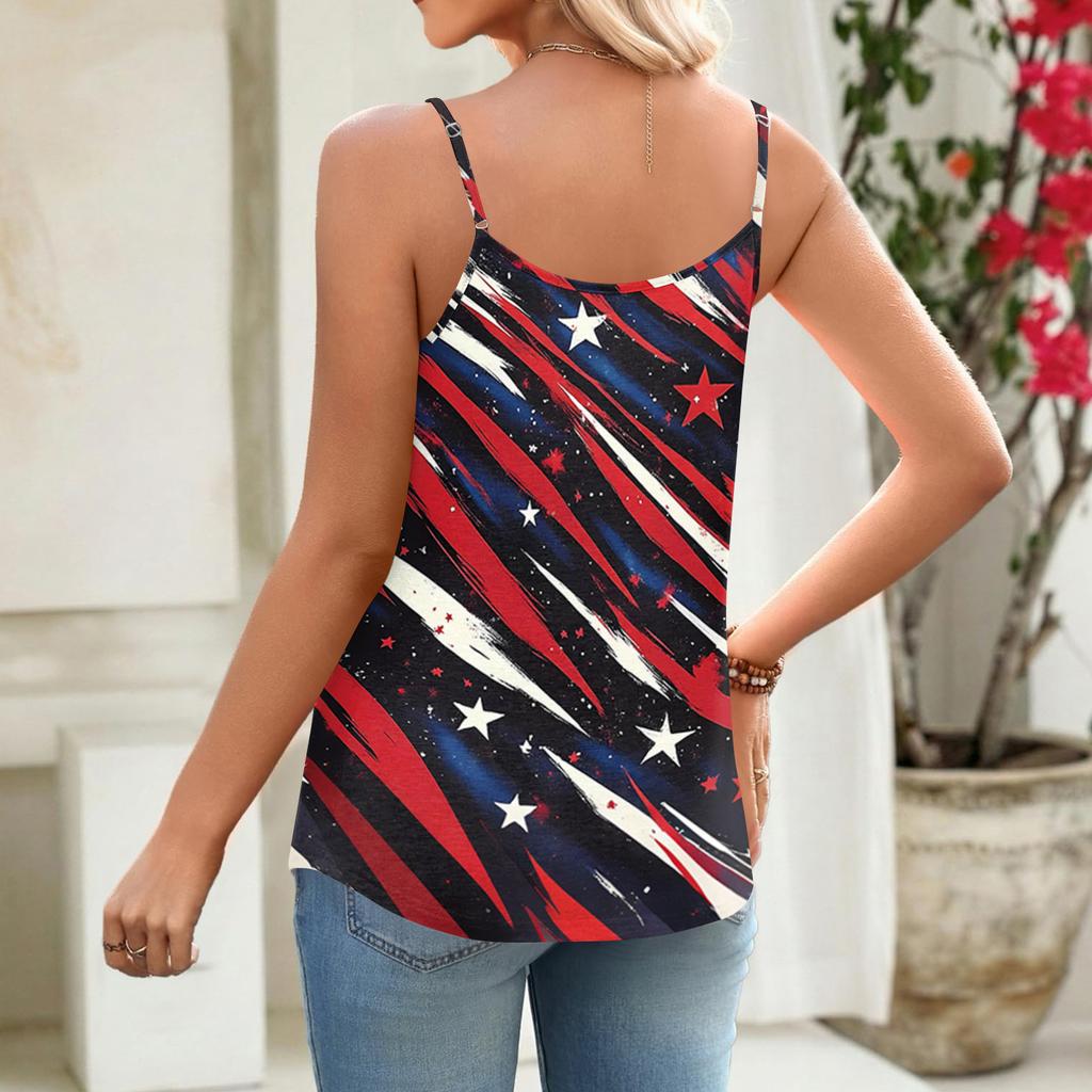 Women’s Casual Sleeveless Spaghetti Strap Ruched Tank Top with Star Print for Summer Loose Fit Fashion Vest Blouse