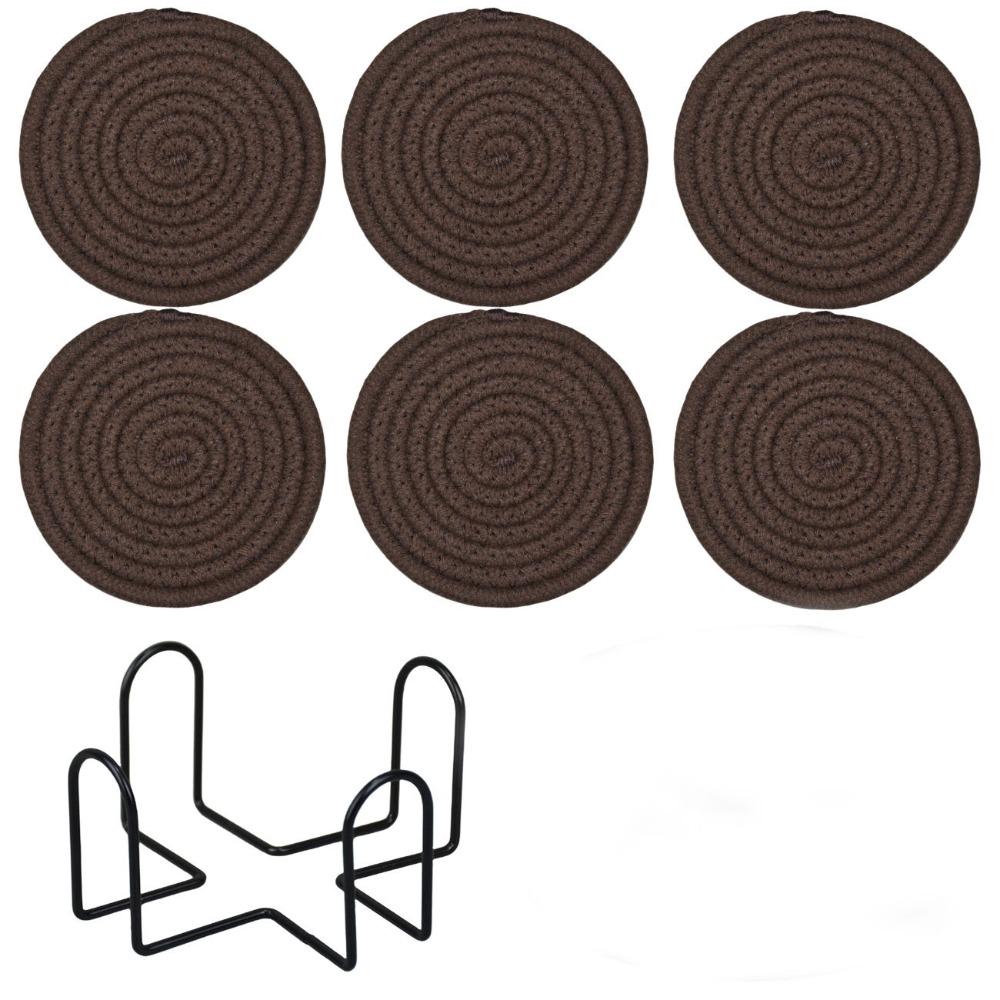 6Pcs Heat-resistant Woven Round  Coaster Set with Holder Tableware Mat Cup Coaster  Household