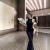 French Retro Temperament Socialite Dress Female Sexy Black Waist Slim and Thin Neck Split Hip Skirt