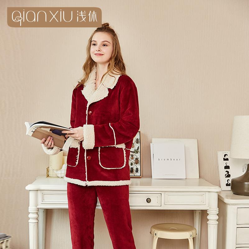 [Verschiedene Stile] Kompound-Imitations-Lammwoll-Pyjama Winter Samt Verdickt Pelz Integrierte Loungewear Hellrot