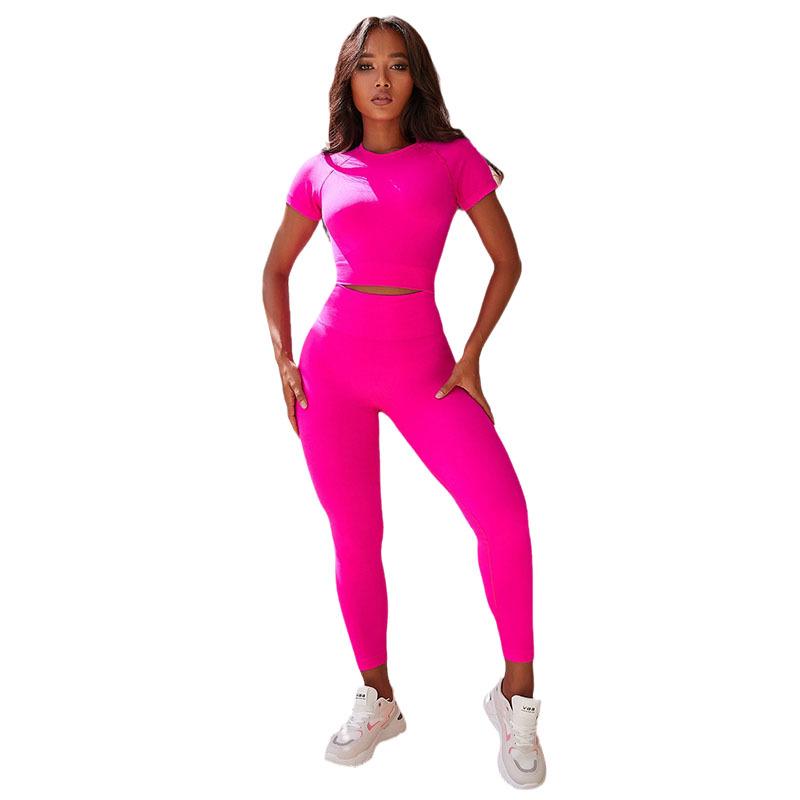 Pink Solid Color Short Sleeve Yoga Set - Two-Piece Summer Outfit