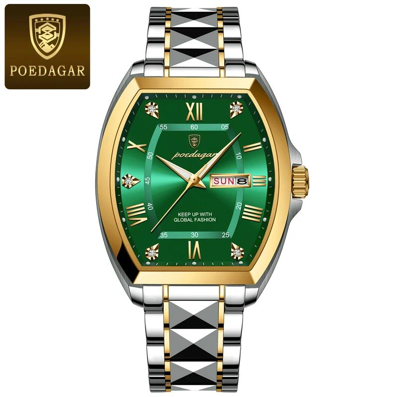 POEDAGAR Stainless Steel Watch Men Luxury Brand Business Luminous Waterproof Male Clock Tonneau Case Calendar Men Quartz Wristwatches