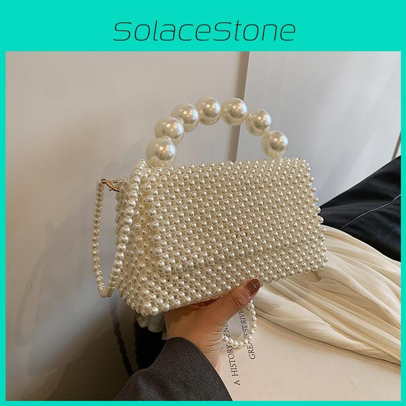 Handwoven Lady Beading Girl Travel Mini Bag Pearl Decor Magnetic Flap Closure