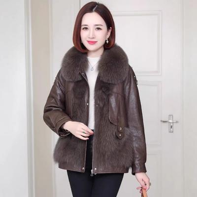 Women's Thickened PU Leather Jacket Winter Faux Fox Fur Coat with Fur Collar
