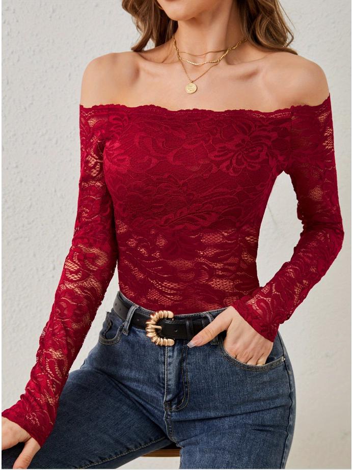 

2026 Elegant One-Shoulder Fan Collar Lace Slimming Long-Sleeve Top XXL бордовий