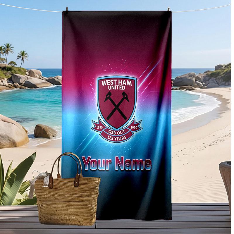 ווסטהאם יונייטד FC מגבת חוף מודפסת אישית לוגו כדורגל תמיכה שם מותאם אישית טקסט מגבת סופגת לספורט נסיעות מתנה מיוחדת