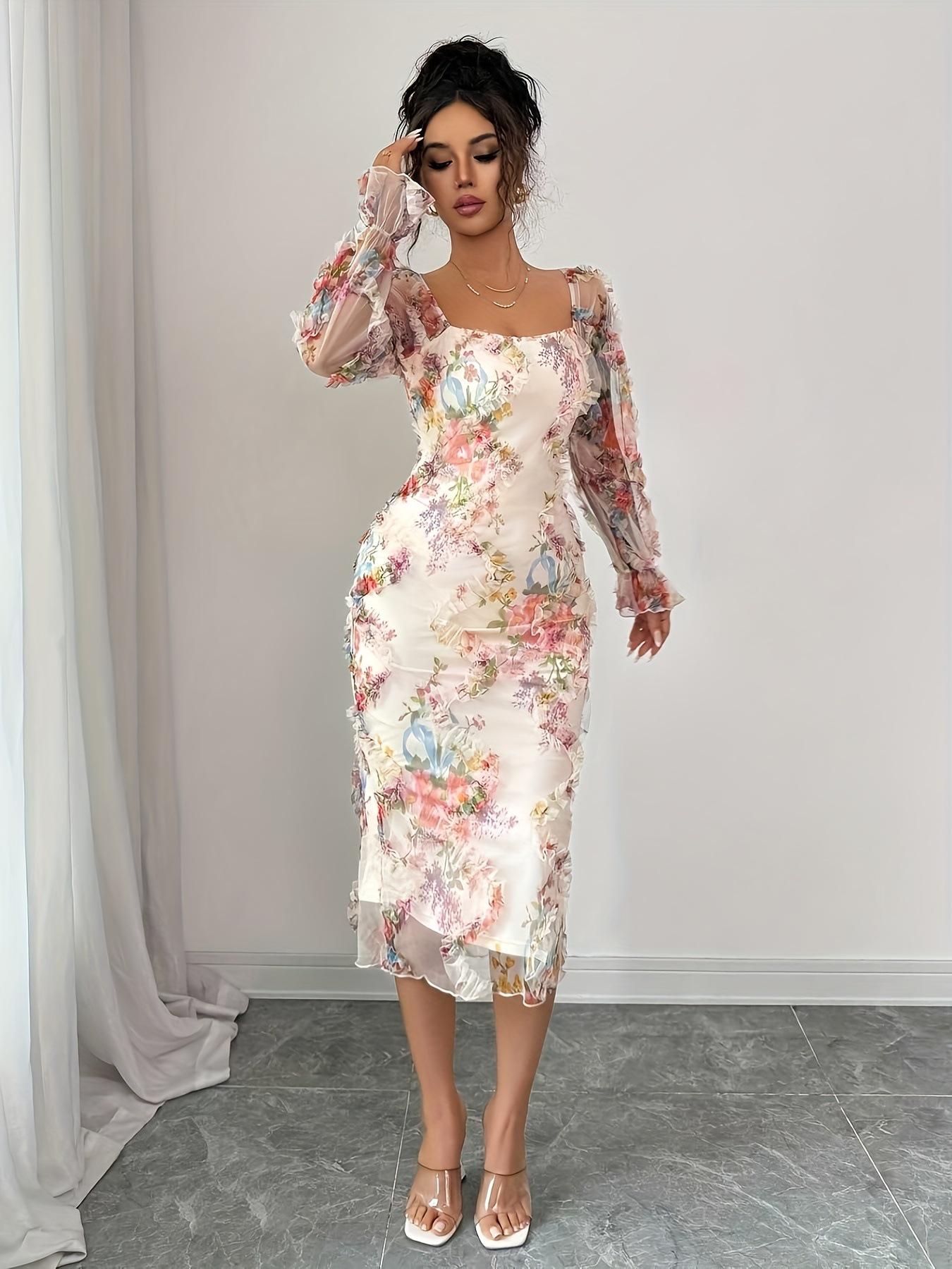 Women s Floral Mesh Long Sleeve Midi Dress - Elegant and Romantic Pleated Design for Autumn/Winter Small
