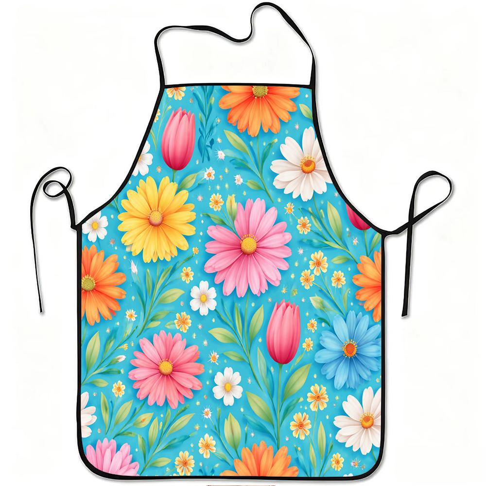 1pc Colorful Floral Bloom Print Apron, Durable And Easy To Clean, Adjustable Waistband, Polyester Material, for Kitchen Cooking, Gardening, Orchard Pi