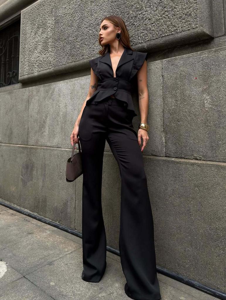 Cross-border European and American elegant high-end sleeveless suit collar vest top, new export women's high-waisted pants set