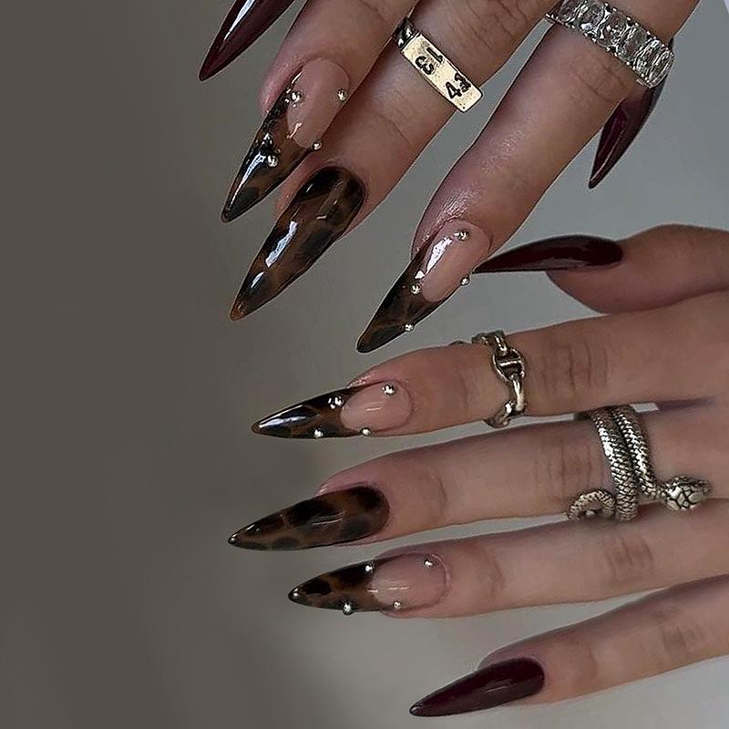 

Leopard Print Pointed False Nails with Silver Beads - Easy to Apply Nail Art Patches.