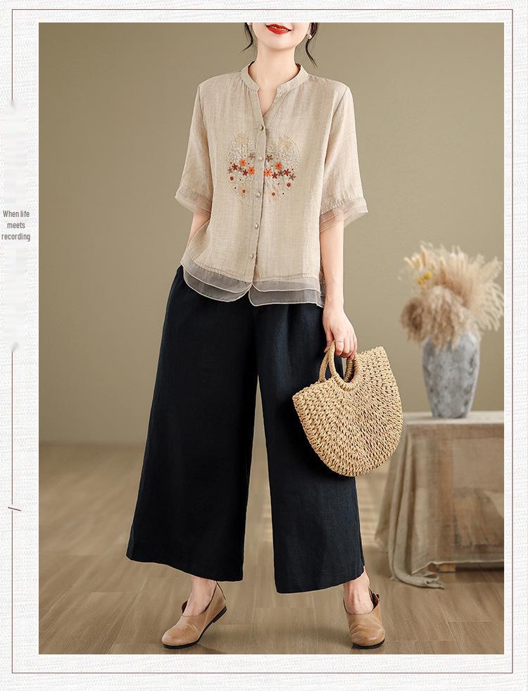Retro Embroidered Organza Patchwork V-Neck Shirt for Women - Summer Mid-Sleeve Trendy Top