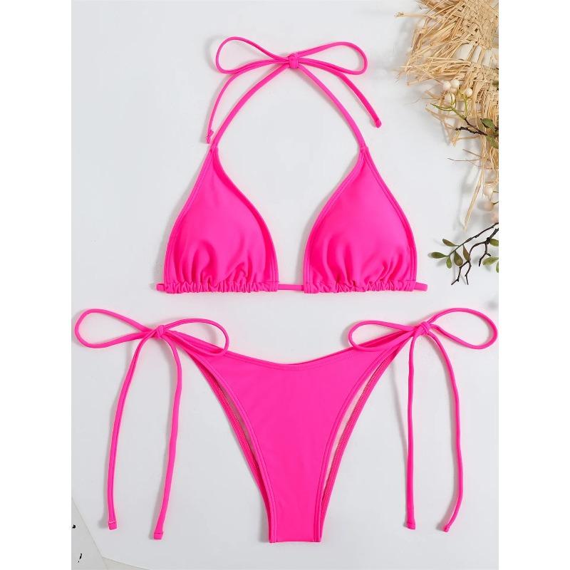Sexy Brown Bikini 2026 Women Solid Red Halter Push Up Bra Tie Side Triangle Swimsuit Summer Bathing Suit Lace Up Micro Swimwear