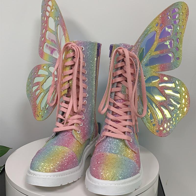 Butterfly Wings Women Shoes Shine Silver Leather Flat Sneakers Lace Up Women's Ankle Boots High-top Leisure Platform Shoes