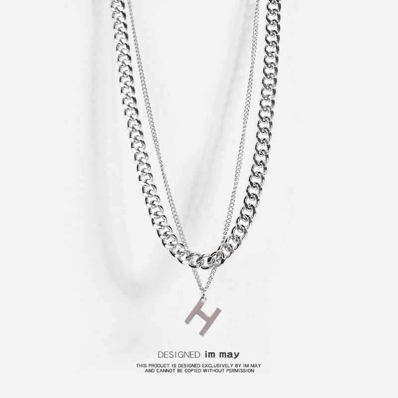 Titanium Steel Personalized Letter "W" Necklace - Double-layered and Layered with Sweater Chains. Stylish, Simple, Hip-hop, Cuban Style.