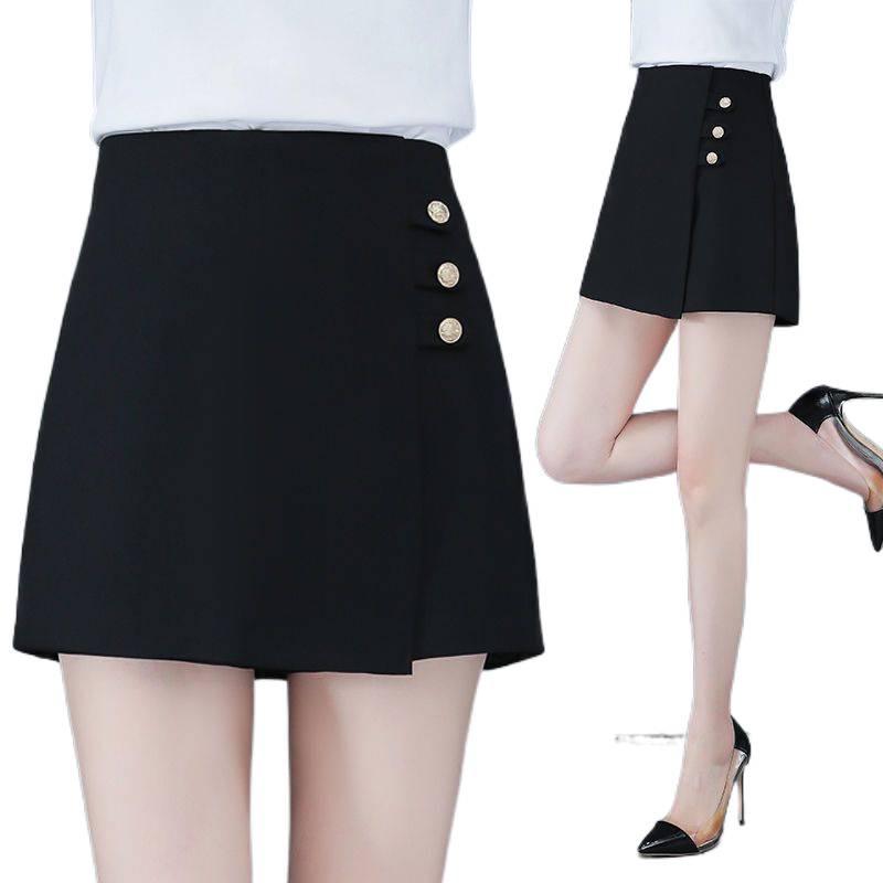 Women's High-Waisted Black A-Line Culottes: Spring/Summer 2026 Versatile Wide-Leg Casual Shorts.