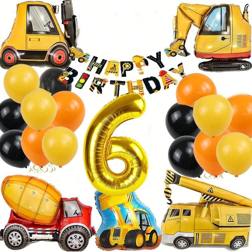 22Pcs Excavator, Tractor Engineering Vehicle Balloon Number 1~9 Balloons  Engineering Vehicle Flag Birthday Banner Decoration