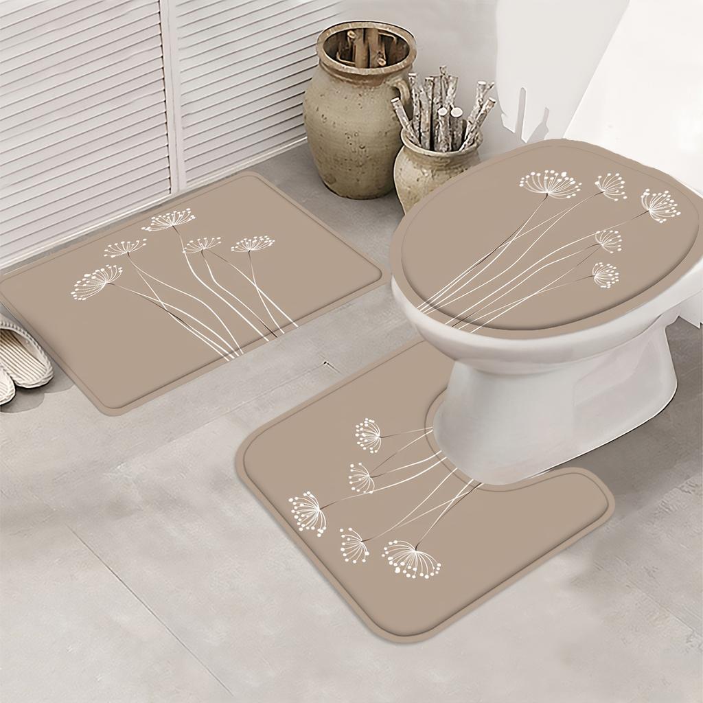 4Pcs 2D Flat Minimalist Dandelion Shower Curtain Set with Non-Slip Bath Mat, Toilet Lid Cover, Contour Rug & 12 Hooks, Bathroom Decor