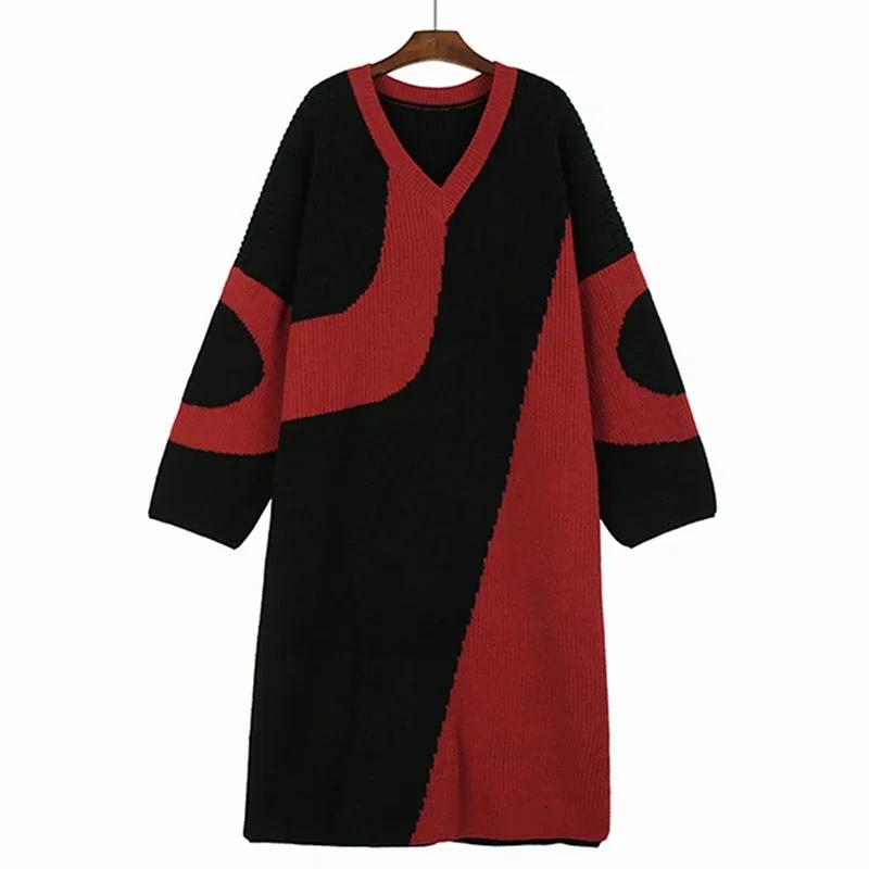Xitao Pletené šaty s výstřihem do V Móda Kontrastní Barva Volný Ležérní Pulovr Dámské DMJ3344