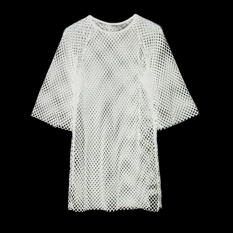 

Свободная прозрачная футболка из мясной вуали большого размера с круглым вырезом и коротким рукавом White collar XL