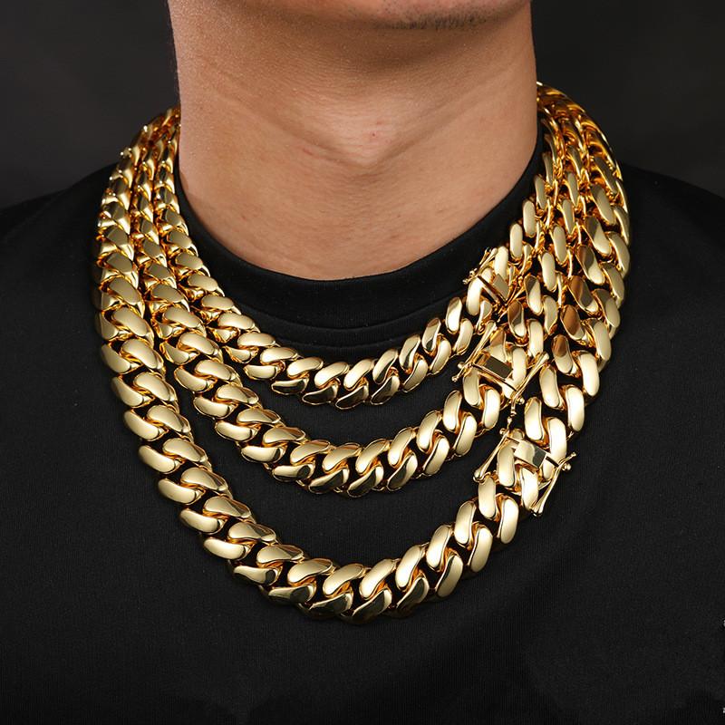 Cadenas Cubana Hip Hop Jewelry Luxury Gold Plated Choker Stainless Steel Miami Cuban Link Chain Necklace for Men