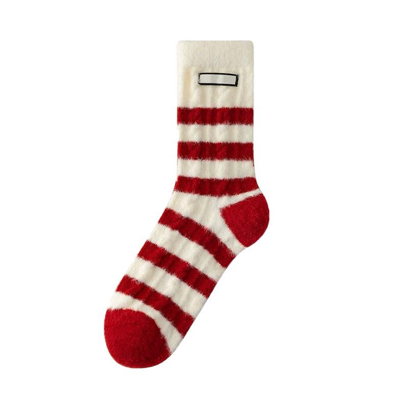 

1 Pair Winter Warm Soft Thick Socks for Women Middle Socks Christmas Gift Mid Tube Socks Red White Stripes