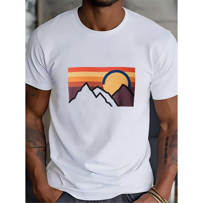 180G Men'S Mountain Sunset Graphic T-Shirt - Casual Summer Tee for Family Outings, Company Events And Team Building Gift Ideas