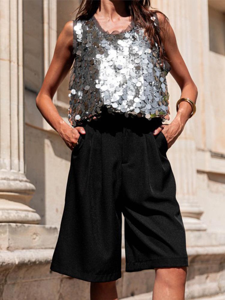 Women's Sequined Round Neck Sleeveless Vest Women's Festival Green Vest 2026 New Model