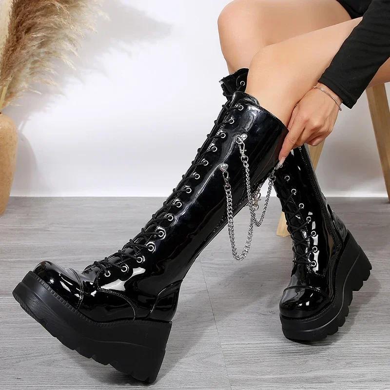 Fashion Luxury Women's Shoes Winter High Heels Riding Boots New Platform Knee High Women Shoes Fashion Trend Lace Up Wedges Zipper Boots