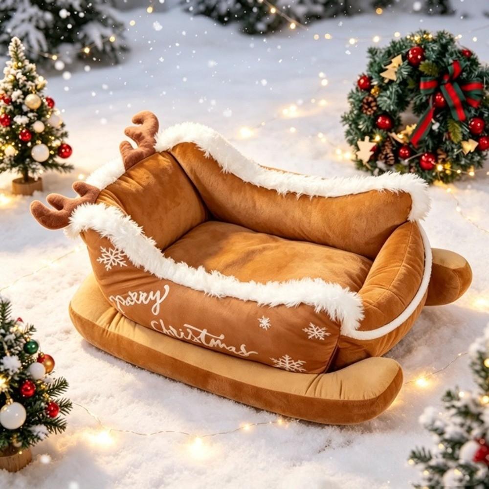 Reindeer Shape Christmas Sleigh Pet Bed Bite Resistant Xmas Sleigh Cat Nest Holiday Gift