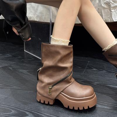 Fashion British-style Fashion Ankle Boots 2025 Autumn/winter New Retro Pant Leg Slim Boots, Big Zipper Thick-soled Motorcycle Boots