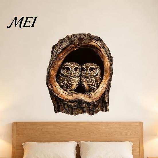 3D Owl Wall Decals Tree Hollow Sticker, Realistic Forest Animal Decal, Waterproof PVC Outdoor Weatherproof Murals Art Decor, Peel And Stick for Living