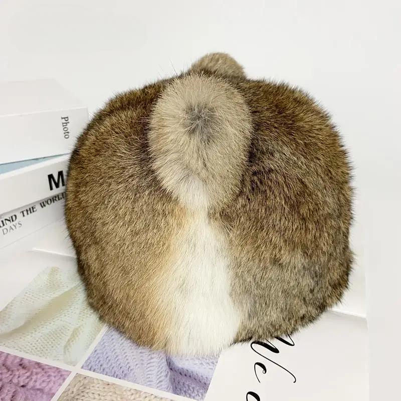 New Bunny Ears Hats Women Winter Warm Outdoor Snow Cap Natural Rabbit Fur Fluffy Caps