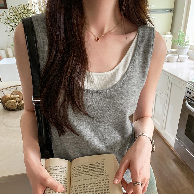Fake 2pcs Tanks Women Fashion Contrasting Color U-neck Loose Sleeveless Tops Summer Summer Simple Sweat Girls Chic