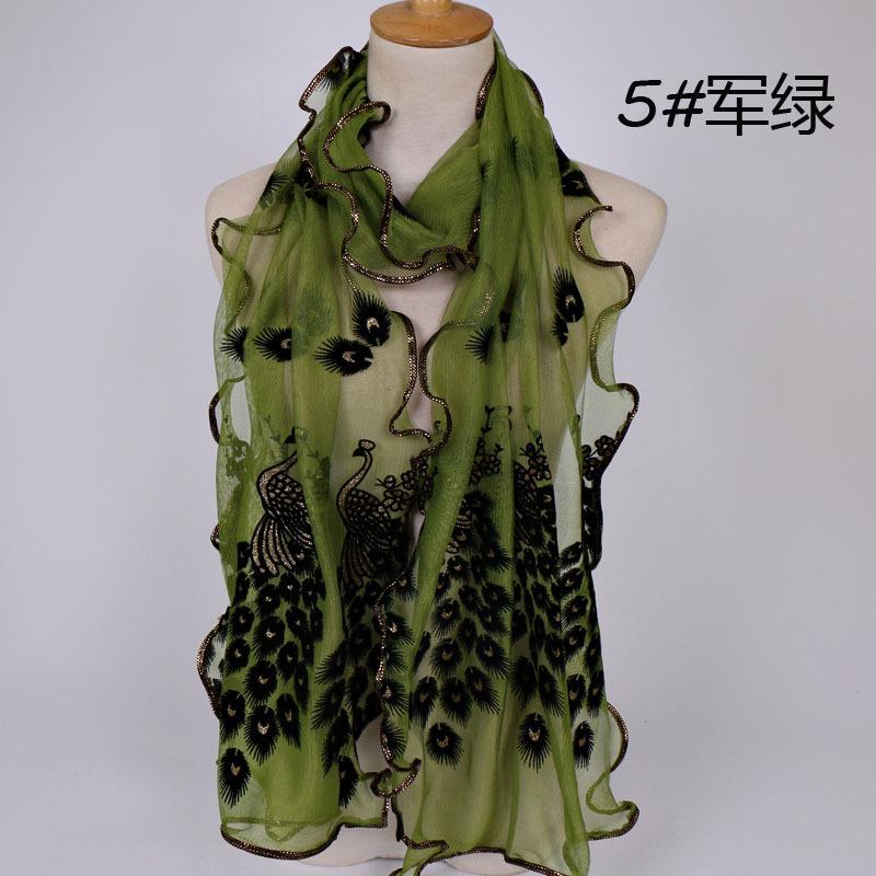 Peacock Flocking Breathable Long Towel, Bronzing Hemming Lace Women's Scarf