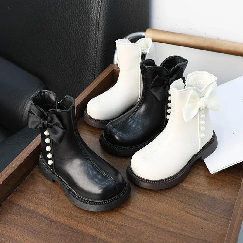 Winter Girls' Boots Elegant Trend Children Beige Cotton Boots Sweet Bowknot Versatile Kids Causal Fashion Princess Leather Boots