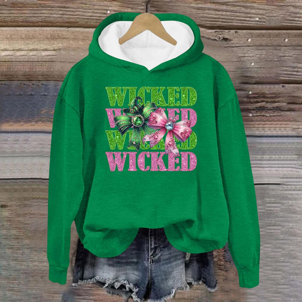 Women's Casual Long Sleeve Pullover Witch Print Hooded Sweatshirt