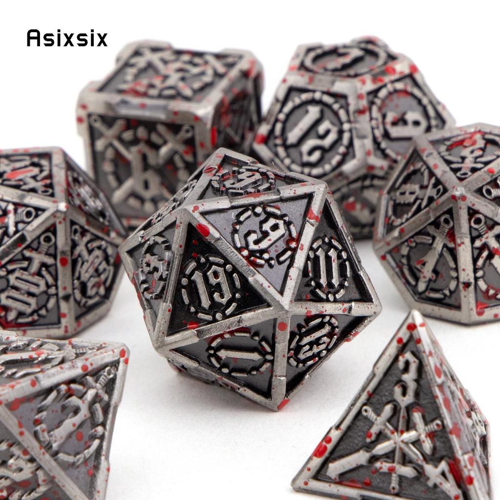 7 Pcs Silver Red Double Swords Metal Dice Solid Polyhedral Dice Set Suitable for Role-Playing RPG Board Game