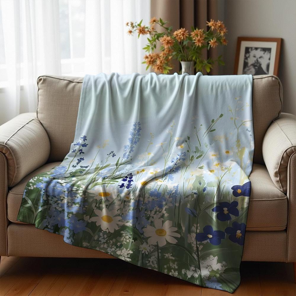 Blue Base Tiny Wildflower Cartoon Anime Print Flannel Blanket Soft Warm Throw for Kids Bedroom Sofa Christmas Office Car