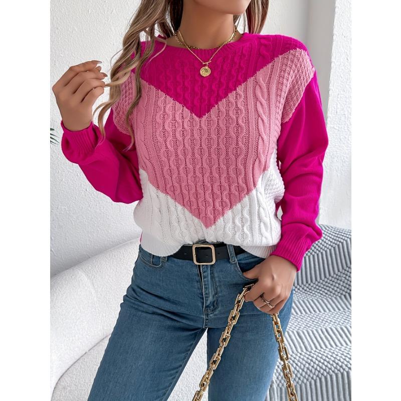 [Color Block Rundhals-Pullover] Color Block Rundhals-Pullover, Eleganter Langarm-Pullover für Herbst & Winter, Damenbekleidung