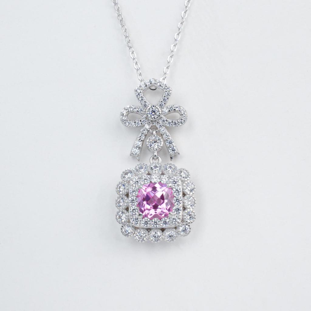 Zhou Hengfu Light Blue Sapphire Pendant with Bowknot In S925 Silver & White Gold Chain