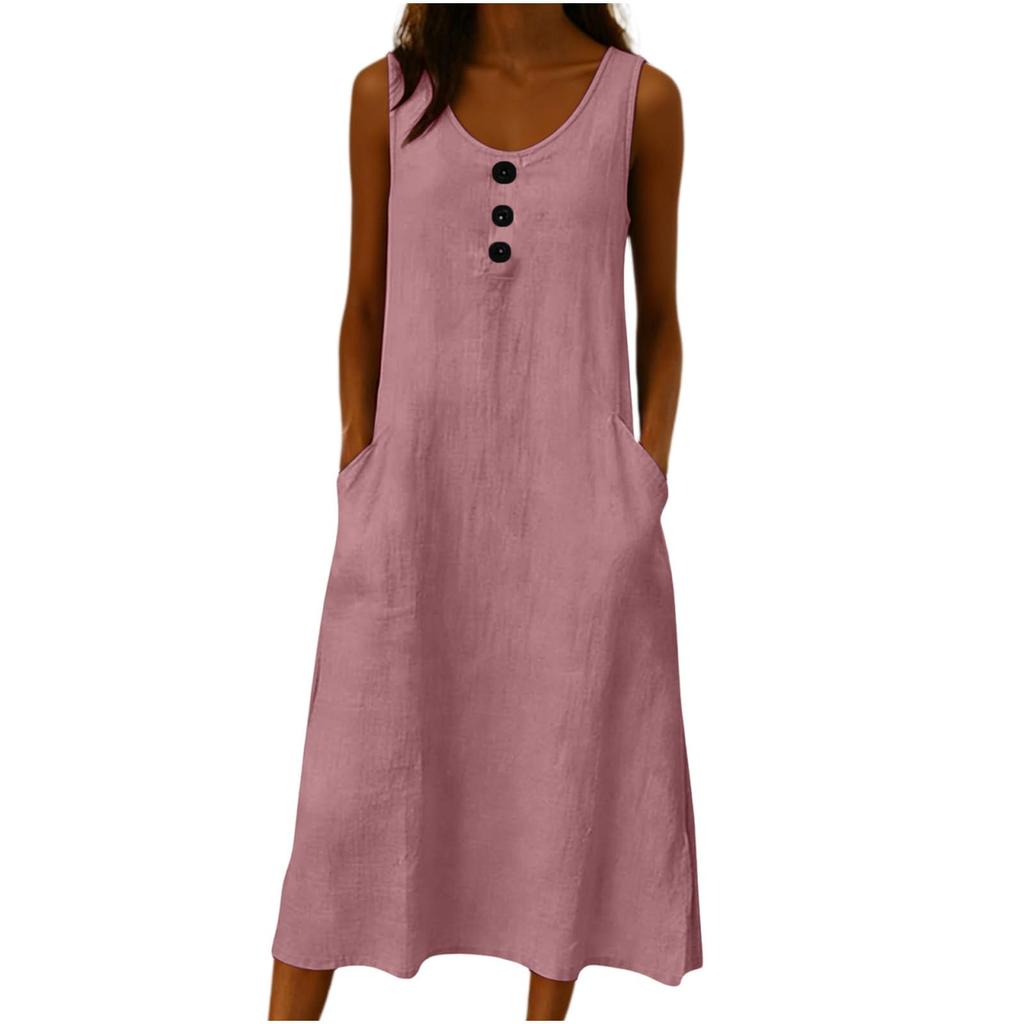 Sleeveless Casual Washed Wrinkle Dress for Women with Button Front and Pockets Loose Fit Midi Length Summer Dress
