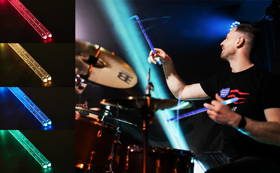 Illuminated Drumsticks (USB Charging), LED Light Sticks, with Bag, Light-Up Drumsticks (15 Colors, Pair of 2, Rechargeable)