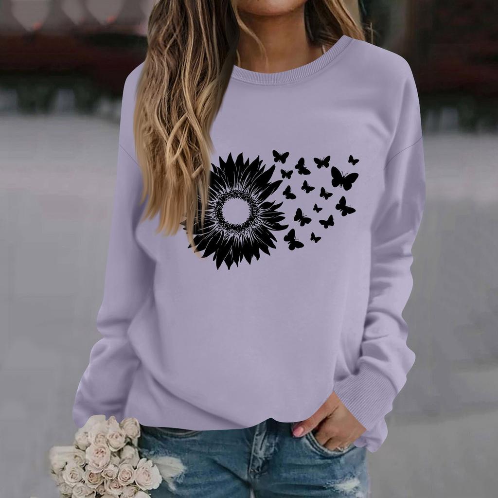 Women's Fashion Casual Long Sleeve Solid Color Printed Round Neck Top Sweatshirt