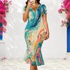 Women Plus Size V Neck Short Sleeve Printed Black Pink Fitted Fishtail Dress